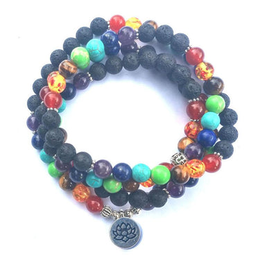 7 Chakra and Lava Stone 108 Beads Mala Bracelet - Lotus / Om / Buddha Charm-Your Soul Place